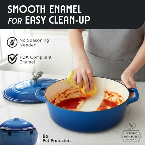5.5 Quart Enameled Cast Iron Oval Dutch Oven w Rooster Knob & Cotton Potholders