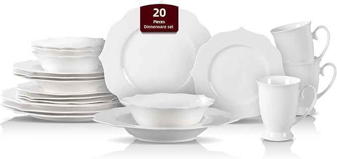 HomeVss, New Bone China Dinnerware Set, Embossed Lotus Design, 20pc Set