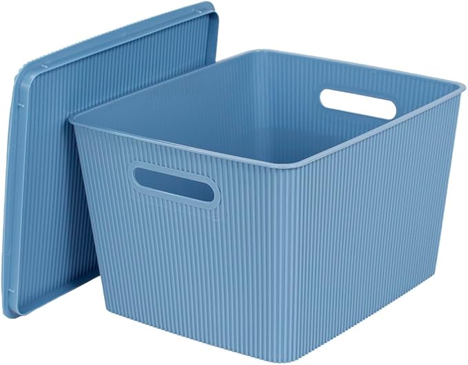 Glad Storage Baskets with Lids - Set of 4 Stackable Plastic Boxes with Handles - Decorative Shelf Organizer Bins for Bathroom and Closet, Blue, 4.7 Gallon