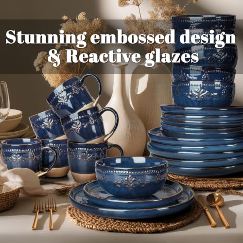 24 Piece Handcrafted Ceramic Dinnerware Set with Mugs (Damask Floral (24 Pieces) (Blue))