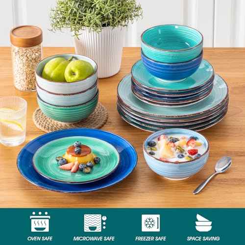 Bonita Plates and Bowls Set 18 Pieces Blue Stoneware Service for 6 (18 Count)
