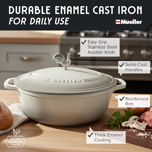 5.5 Quart Enameled Cast Iron Oval Dutch Oven with Rooster Knob & Cotton Potholders