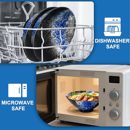 8 Inch Ramen Bowl Set 4 Large Japanese Bowls Ceramic Microwavable 16pcs (Blue / 8 INCH 4 Set)