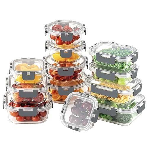 24pc Glass Food Storage Containers with Lids (Grey / 12 Pack)
