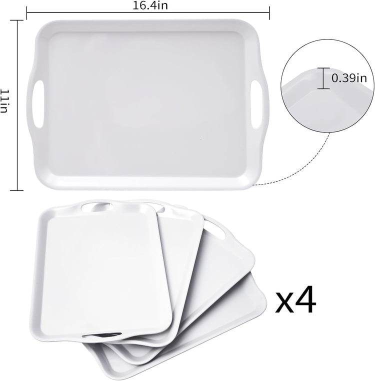 Blue Boat 16.5" x 11.5" Serving Trays Set of 4 White, Dinner Tray, Light Weight Easy to Clean Sturdy Stackable Melamine Serving Tray with Handle, Fruit, Snacks, and Desserts Trays