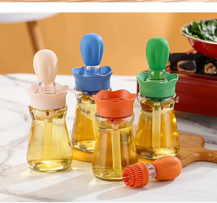 Oil Dispenser with Brush-2Pack 7oz/200ML 2 IN 1 Glass Cooking Oil Dispenser Bottle with Silicone Basting Brush for Kitchen, Oil Storage and Container for Cooking BBQ, Vinegar, Sauce, Air Fryer- Blue