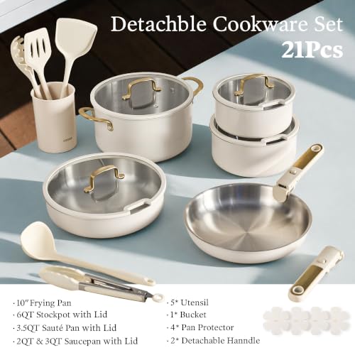 21pcs Tri Ply Stainless Steel Cookware Set with Detachable Handle