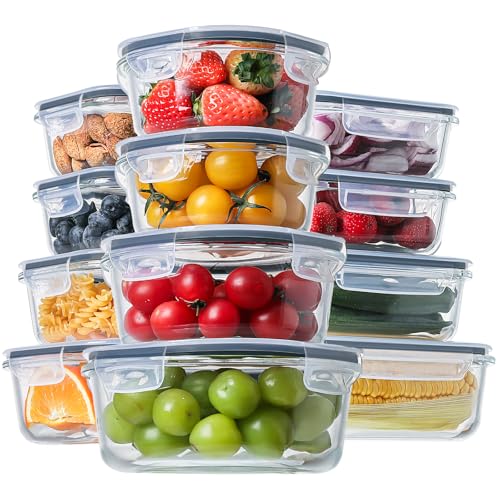24pc Glass Food Storage Containers with Lids (Light Grey / 12 Pack)