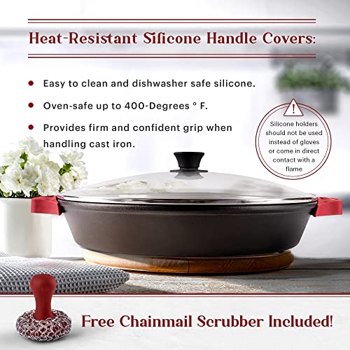 Cast Iron Skillet + Glass Lid + Red Chainmail Scrubber (Dual Handle Skillet + Glass Lid / 15")