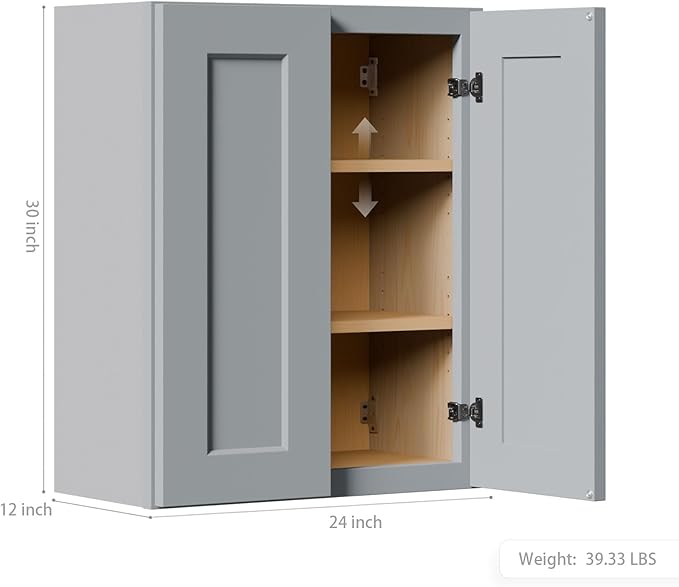 Solid Wood Kitchen Wall Cabinets, 24 Inch Wide 12 Deep Over The Toilet Storage Cabinet, Bathroom Organizer Cabinets with 2 Shaker Door & 3 Shelves, Easy Assembly for Laundry Room - Grey