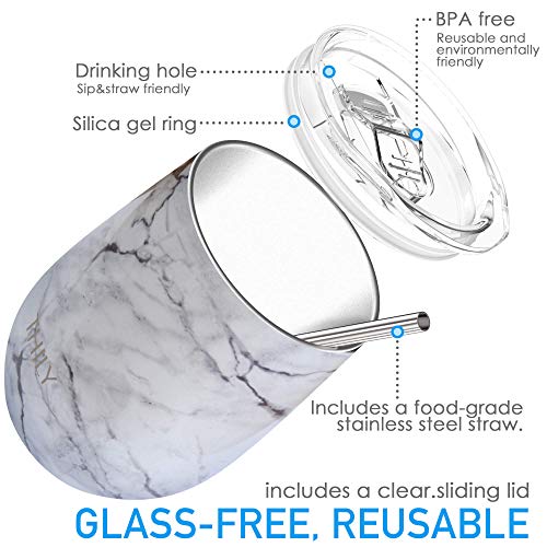 Stainless Steel Stemless Wine Tumbler 4 Pack Vacuum Insulated Travel Wine Glasses Set with Sliding Lids and Straws (4 Pack - White Marble / 4 Count (Pack of 1))