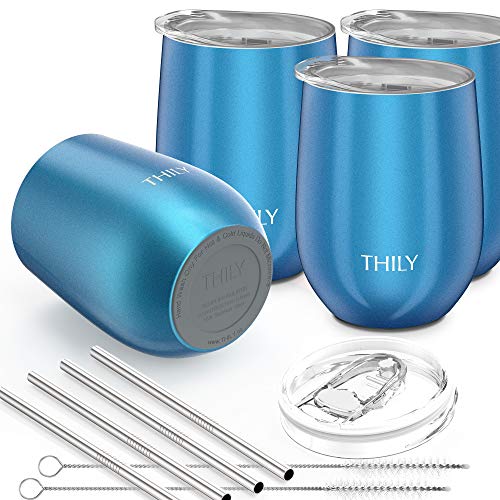 Stainless Steel Stemless Wine Glasses 4 Pack Triple Vacuum Insulated Cute Wine Tumbler Set Travel Cups with Lid (4 Pack - Sparkle Blue / 4 Count (Pack of 1))