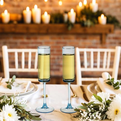 24 Pieces Blue Champagne Flutes 6 OZ Straight Sided Wine Glasses Champagne Long Stem Drinking Colored Glasses (24 Count)