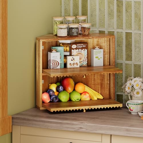 Acacia Corner Bread Box for Kitchen Countertop Wood Two Layer Large Capacity Bread Storage Bin Vintage Storage for Homemade Bread (Acacia Wood)