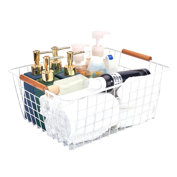 Large white wire baskets with Wooden Handles for storage pantry