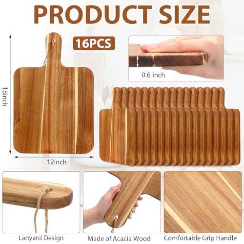 16 Pcs Acacia Wood Cutting Board with Handles Bulk (16 Count)