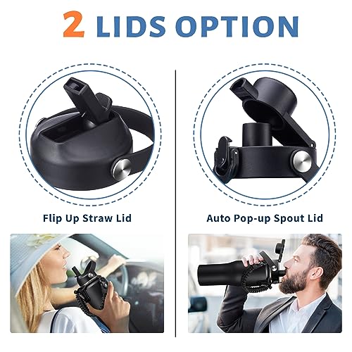 32 oz Insulated Water Bottle Fits Car Cup Holder with Straw Lid & Auto Lid (Onyx Black / 32 Ounces)