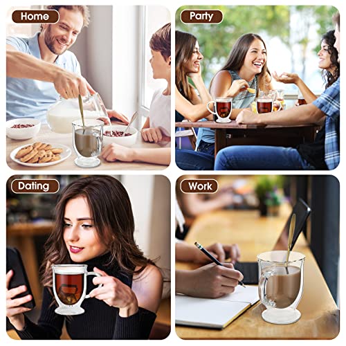 6 Sets Double Wall Glass Coffee Mugs with Spoon Insulated Clear Coffee Mug with Handle Borosilicate Glass Coffee Cups Latte Cup for Cappuccino (16 OZ)