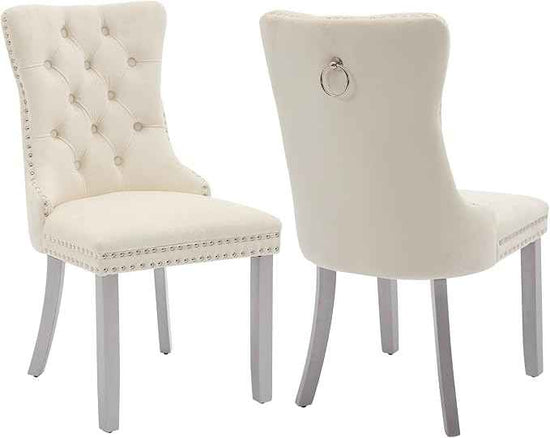 Velvet Dining Chairs Set of 2, Kitchen & Dining Room Chairs, Upholstered Dining Chairs with Back Ring Pull and Silver Solid Wood Legs, Modern Tufted Kitchen Chairs for Dining Room, Cream