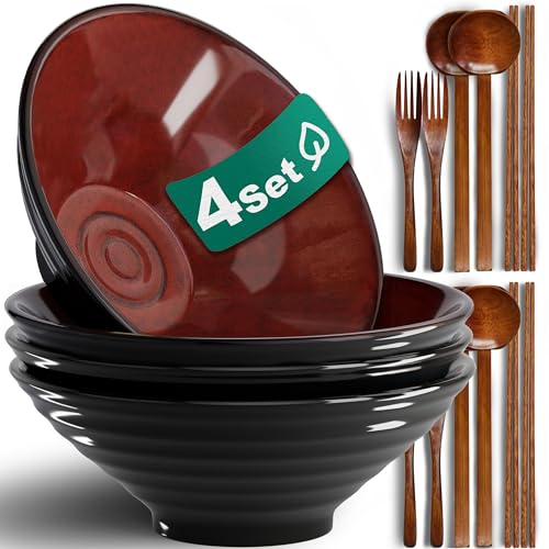 8 Inch 4 Sets Ceramic Ramen Bowl (B:Red&Black / 8 INCH 4 Set)