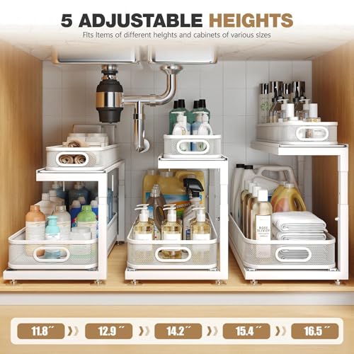 2 Pack 21.3 IN Depth Under Sink Organizer With Next (White / 2 Pack-21.3"Dx11.8"-16.5"H)