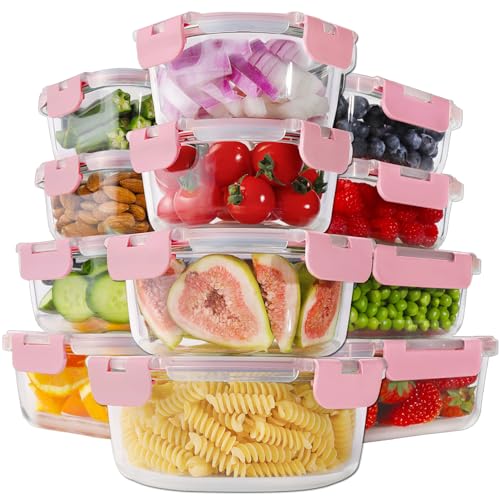 24pc Glass Food Storage Containers with Lids (Pink / 12 Pack)