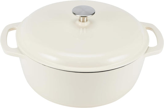 Amazon Basics Cast Iron Dutch Oven Pot with Lid, Enameled, Round, Dual Handles, Heavy-Duty, Large, 7.3-Quart, White - Nestoria