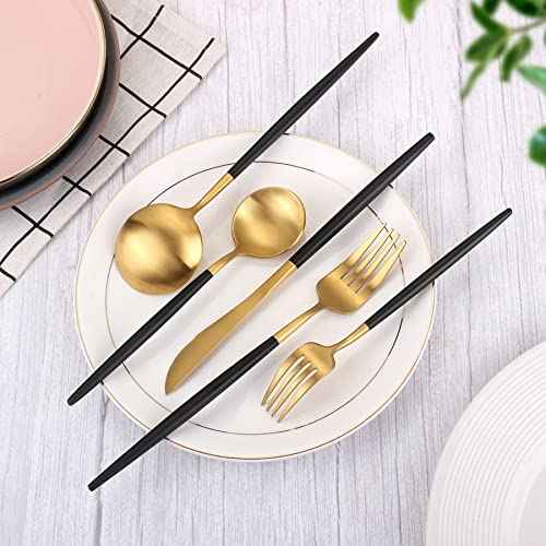 Matte Gold Silverware Set With Black Handle (4 Count)