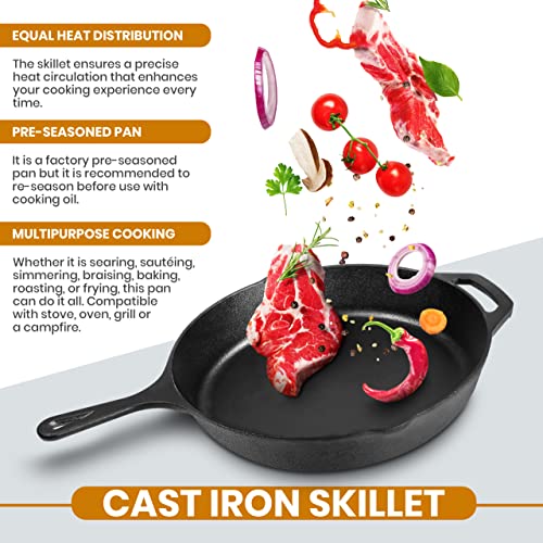 Cast Iron Skillet 10 Inch with Lid Chefs Frying Pan Black (10 Inch / Black)