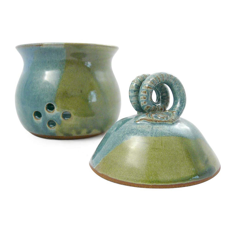 American Made Stoneware Pottery Garlic Keeper Jar with Olive Motif