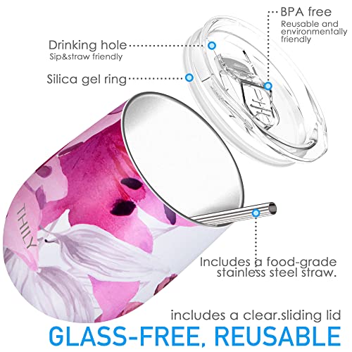 Stainless Steel Stemless Wine Tumbler 4 Pack Vacuum Insulated Travel Wine Glasses with Sliding Lids and Straws (4 Pack - Flower Series / 4 Count (Pack of 1))