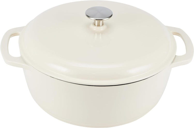 Amazon Basics Cast Iron Dutch Oven Pot with Lid, Enameled, Round, Dual Handles, Heavy-Duty, Medium, 6-Quart, White - Nestoria