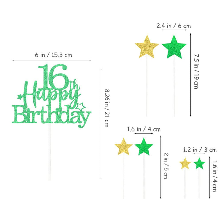 Green Gold 16th Birthday Cake Topper with Glittery Stars (7 Count)