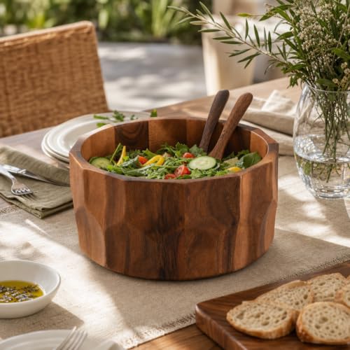 Large Diamond Pattern Acacia Wood Salad Serving Bowl (6" Tall x 12" Diameter)