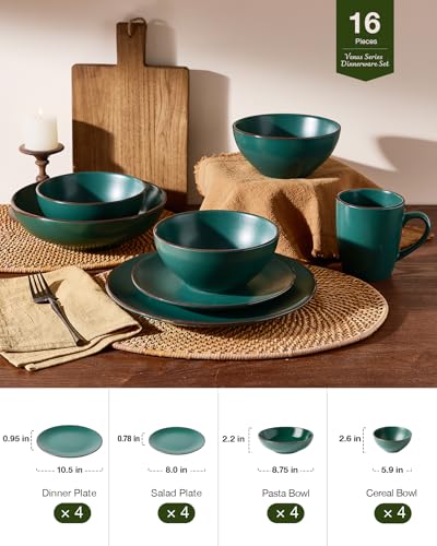 Venus Stoneware Dinnerware Sets with Pasta Bowls (Dark Green / Serves 4 (16pc w/ Pasta Bowl))