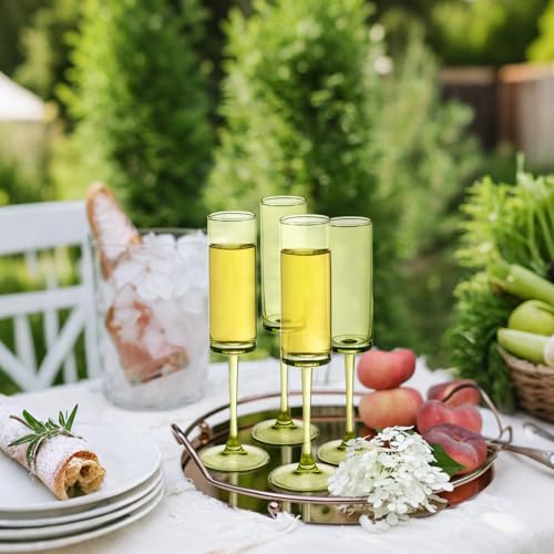 6 Pieces Green Champagne Flutes 6 OZ Straight Sided Wine Glasses Champagne Long Stem Drinking Colored Glasses (6 Count)