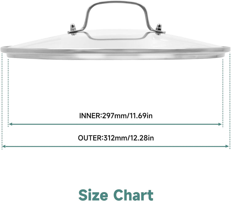 12 IN Glass Lid with Stainless Steel Handle for Frying Pan, Tempered Replacement Cover Compatible for Skillets, Round Cast Iron, Cast Aluminium, Stainless Steel Pans & Pots (297mm-312mm)