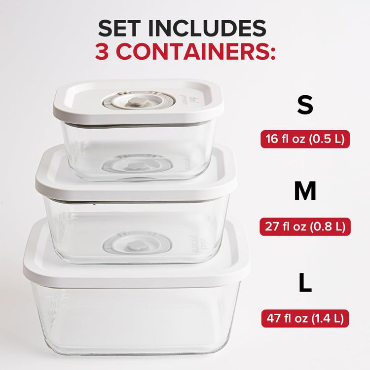 Chef Preserve Glass Vacuum Seal Containers for Food Storage, Made For Compact Vacuum Sealer, 3pcs set [1x Small, 1x Medium, 1x Large] Works With Handheld Vacuum Sealer Machine - Nestoria