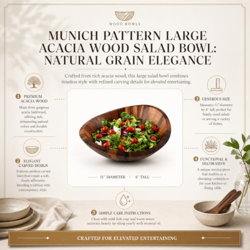 Large Acacia Wood Salad Serving Bowl (4" Tall x 11" Diameter)