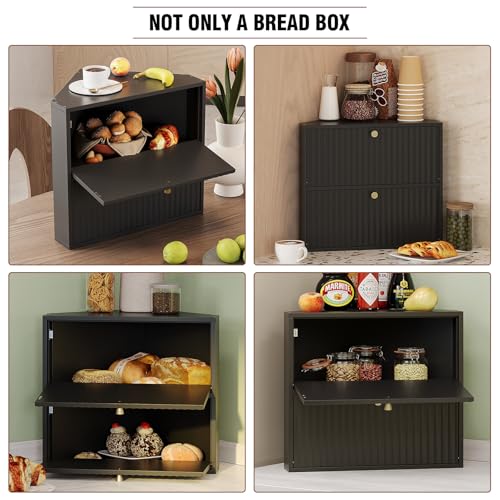 Corner Bread Box for Kitchen Countertop Bamboo Two Layer Large Capacity Bread Storage Bin Vintage Storage for Homemade Bread (Black)