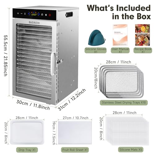 Food Dehydrator Machine 1000W 18 Trays Stainless Steel Commercial Food Dehydrated Dryer with 24H Timer Touch (18 Count)