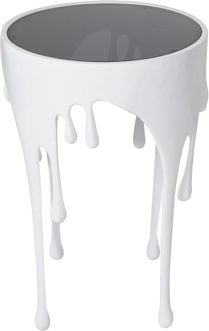 Deco 79 Aluminum Metal Side End Accent Table Drip End Table with Melting Designed Body and Black Shaded Tabletop, Side Table 16" x 16" x 25", White