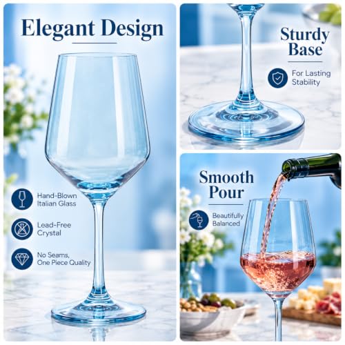 Blue Wine Glasses Set of 6 Cobalt Blue 14oz Birthday Gift for Her Women Blush Colored Tall Stemmed Unique Wine Glasses Colored Glassware Set Elegant Tableware for Parties Wedding Anniversary Home Bar (6 Count)