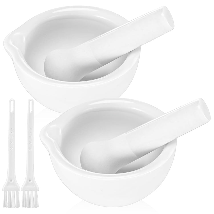 2 Sets Mini Porcelain Mortar and Pestle Set Porcelain Herb Grinder Crusher Grinding Bowl Kitchen Mixing Grinding Bowl with 2 Pieces Brushes for Seasonings (4 Count)