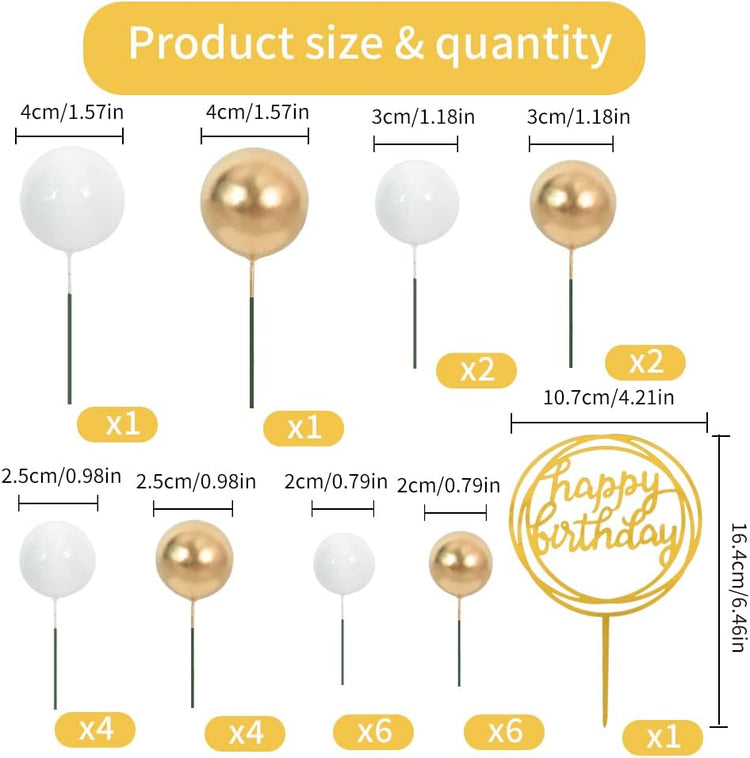 BEISHIDA-Cake Topper Gold 27 Pack Cupcake Topper with Mini Balls, Happy Birthday Acrylic Toppers Insert Pick DIY for Cake Decorations Anniversary Wedding Baby Shower Party (Gold/White)