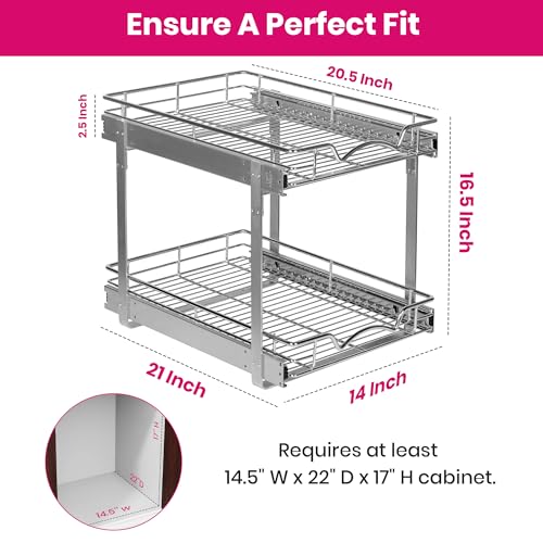 2-Tier Pull-Out Cabinet Organizer for Kitchen, 14" W x 21”D x 16.5" H (14 Inch / Two Tier)