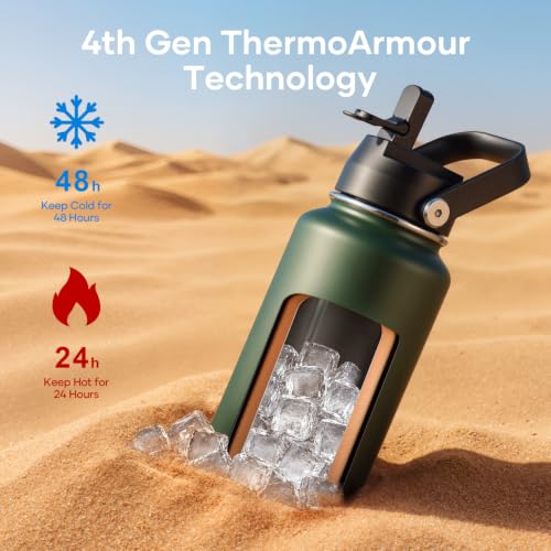 40 oz Insulated Water Bottle with Paracord Handle & Straw Spout Lids (40 Ounces / Jungle Green)