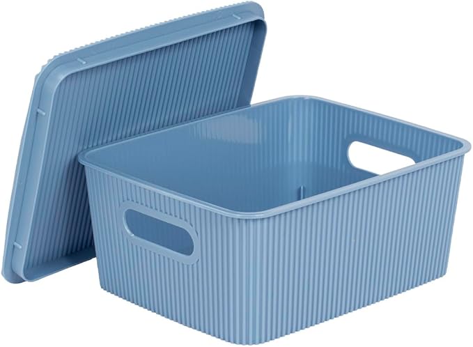 Glad Storage Baskets with Lids - Set of 6 Stackable Plastic Boxes with Handles - Decorative Shelf Organizer Bins for Bathroom and Closet, Blue, 1 Gallon