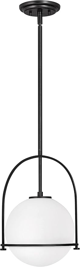 Hinkley Somerset Small Pendant Light, Etched Opal Glass Modern Globe Shade, Adjustable Height, Sloped Ceiling Compatible, Vintage-Inspired Metal Yoke Frame, Dry Rated, Black Finish