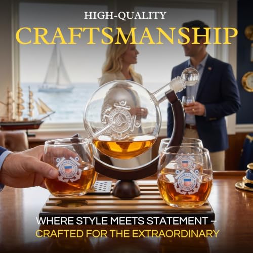 U.S. Coast Guard Globe Whiskey Decanter Set with 4 Liquor Glasses